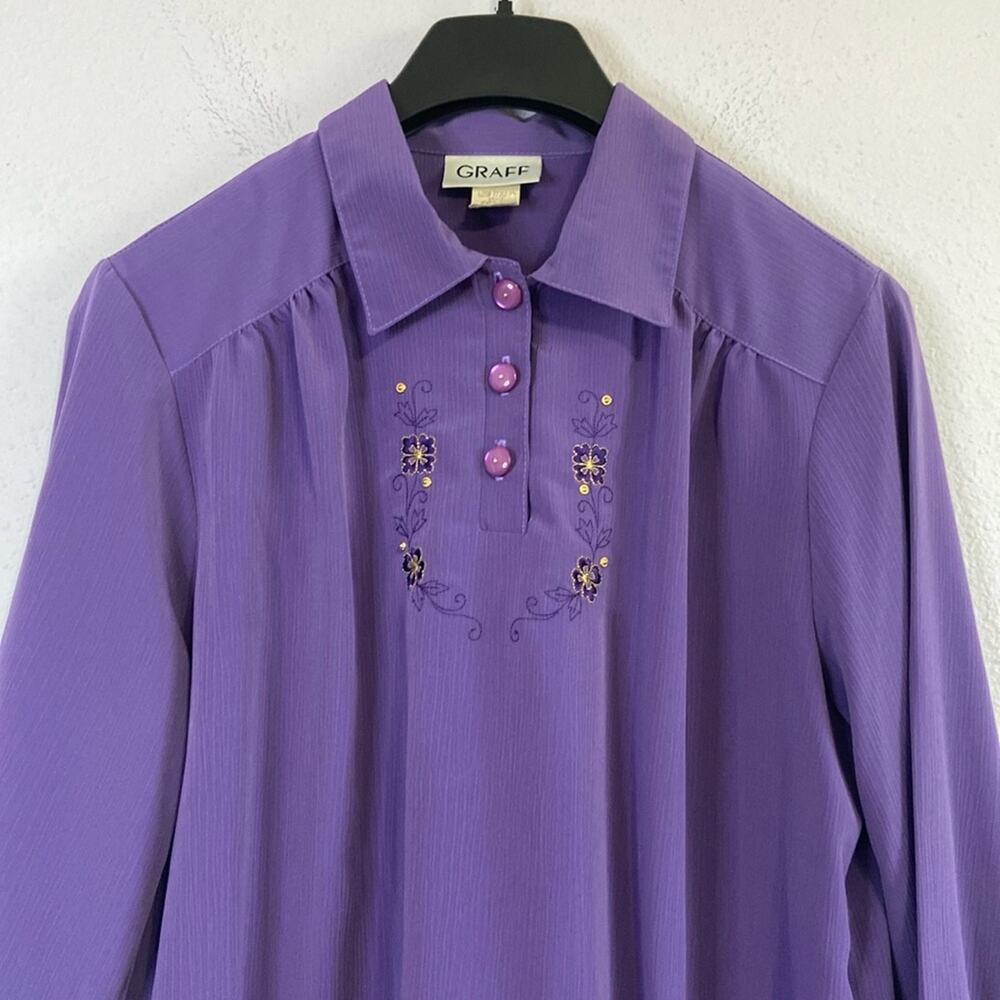 Graff Women Vintage Purple  Embroidered Pattern Collar Blouse Size M
